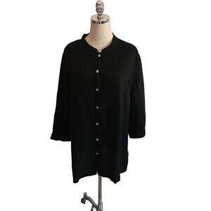 Russ Berens Top Women's Size XL Black 3/4 Sleeve Linen Button Up